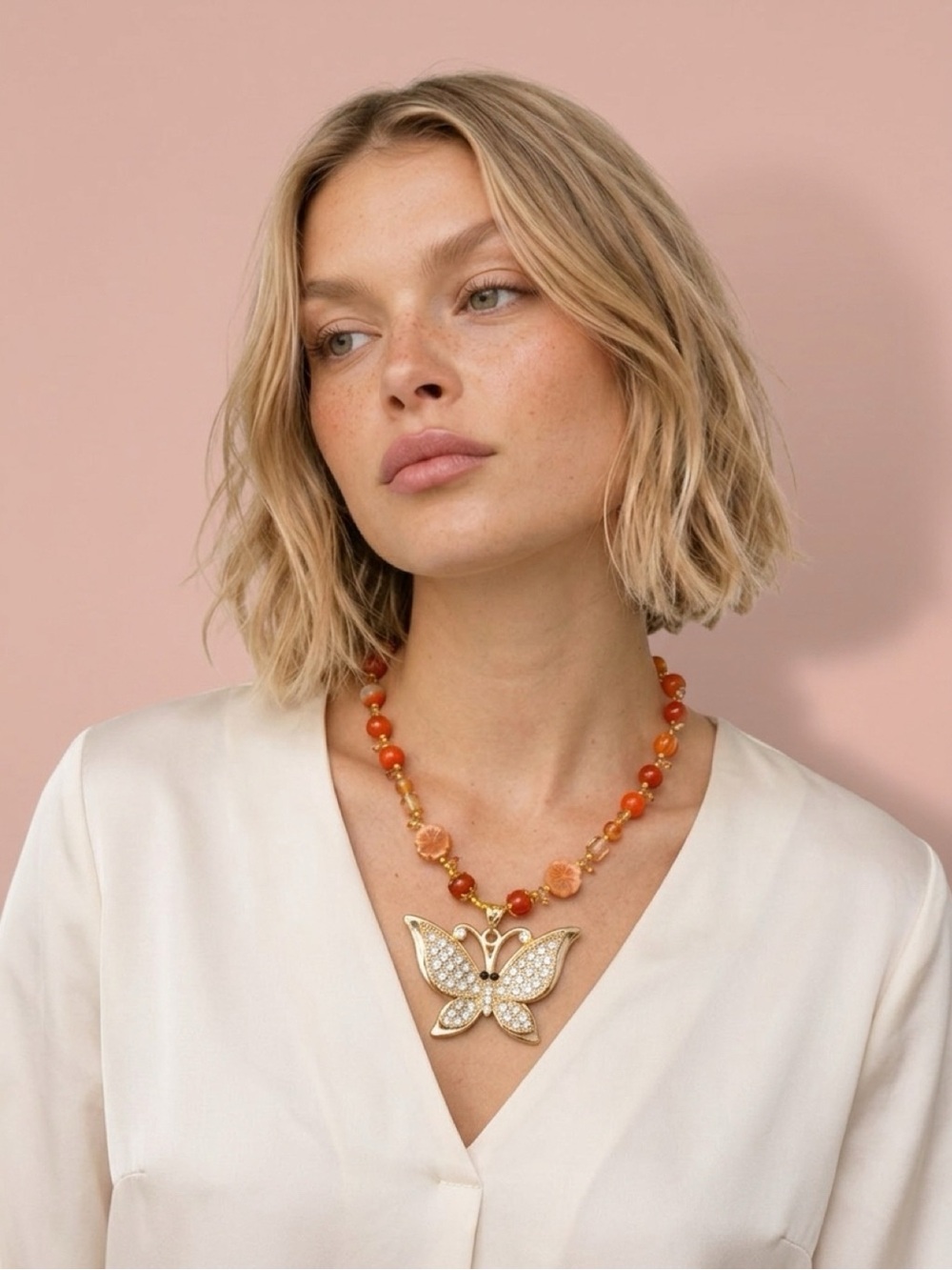 Red Carnelian 10mm gemstone Necklace, Gold Tone Butterfly pendant, 3 pc Set